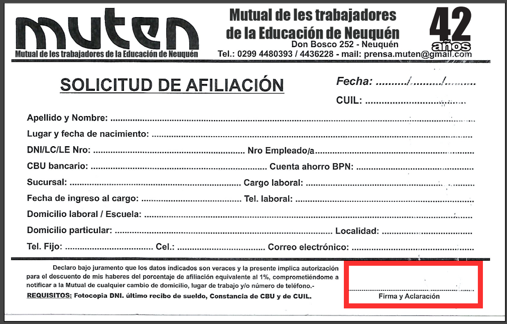 Ejemplo de firma en ficha de afiliación