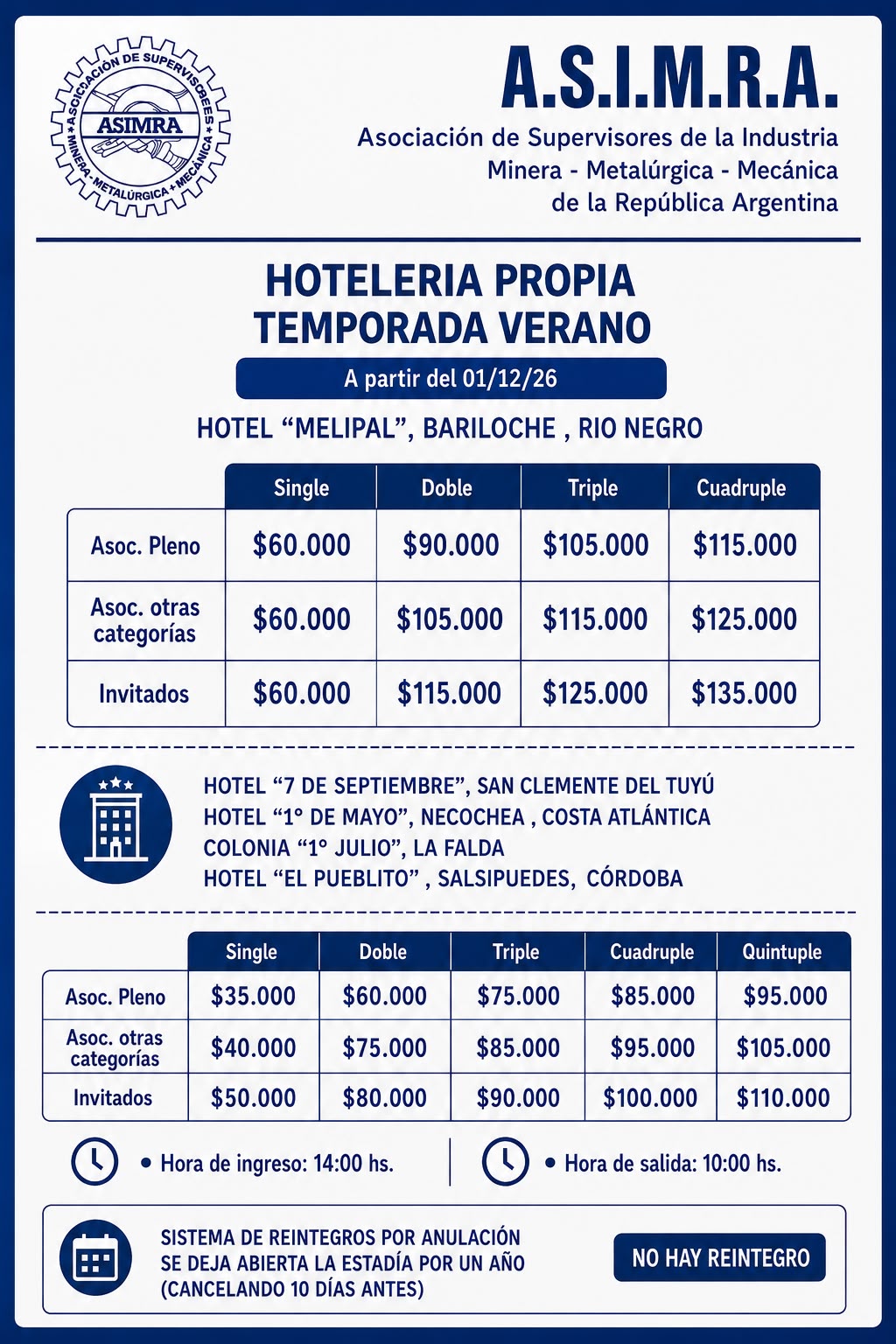Tarifario Hotelería Propia ASIMRA Temporada Verano