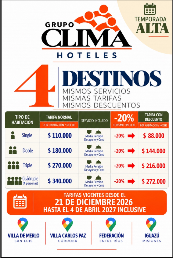 Tarifario Grupo Clima Hoteles